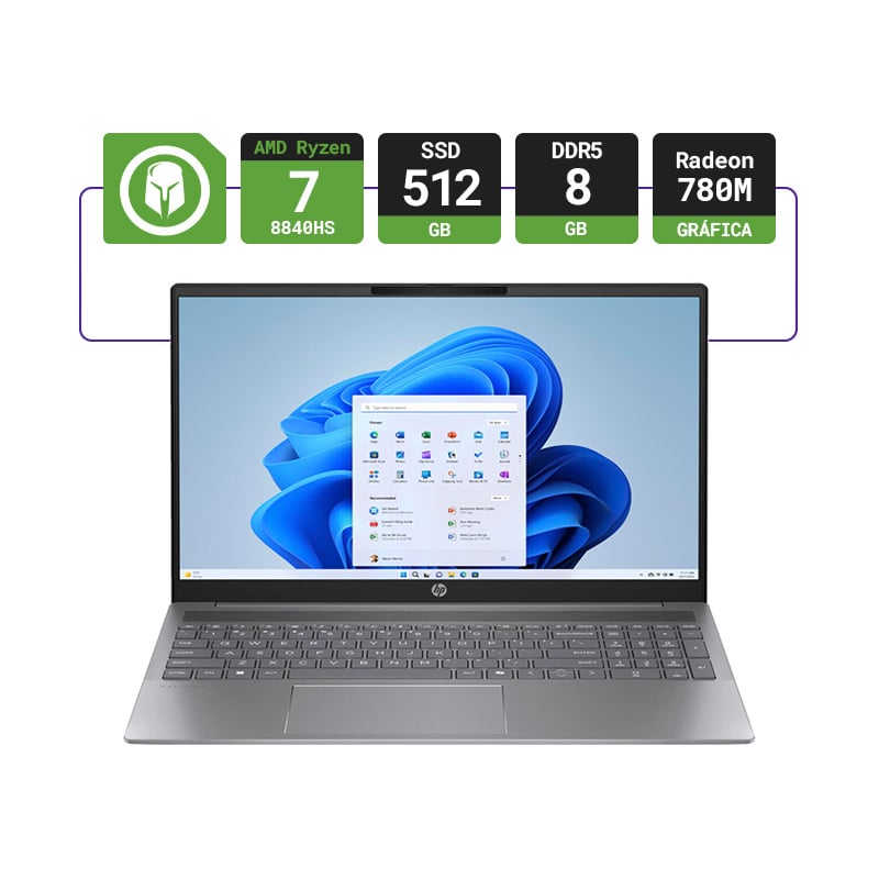 NOTEBOOK HP PAVILION 16-AG0070 16" RYZEN 7 8840HS 8GB RAM 512GB SSD W11- NATURAL SILVER