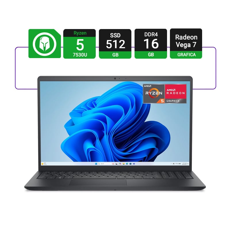 NOTEBOOK DELL 15.6" 5255 AMD RYZEN 5 7530U 16GB RAM 512GB SSD TOUCHSCREEN - W11 - BLACK