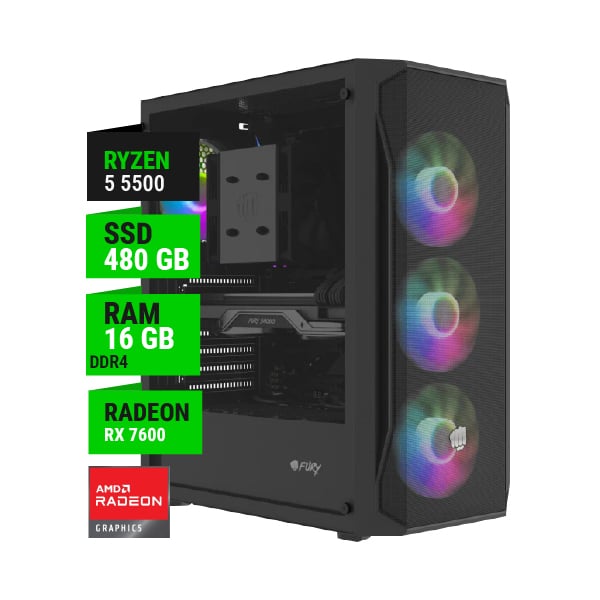 PC GAMER AMD RYZEN 5 5500 RX 7600 8GB B550 16GB RAM 512GB NVME 650W BRONZE