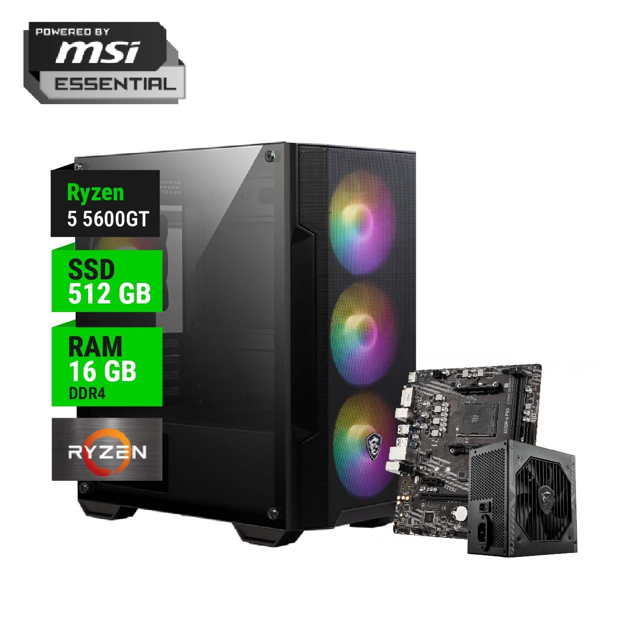 PC GAMER POWERED BY MSI ESSENTIAL AMD RYZEN 5 5600GT A520 16GB RAM 512GB NVME 550W BRONZE