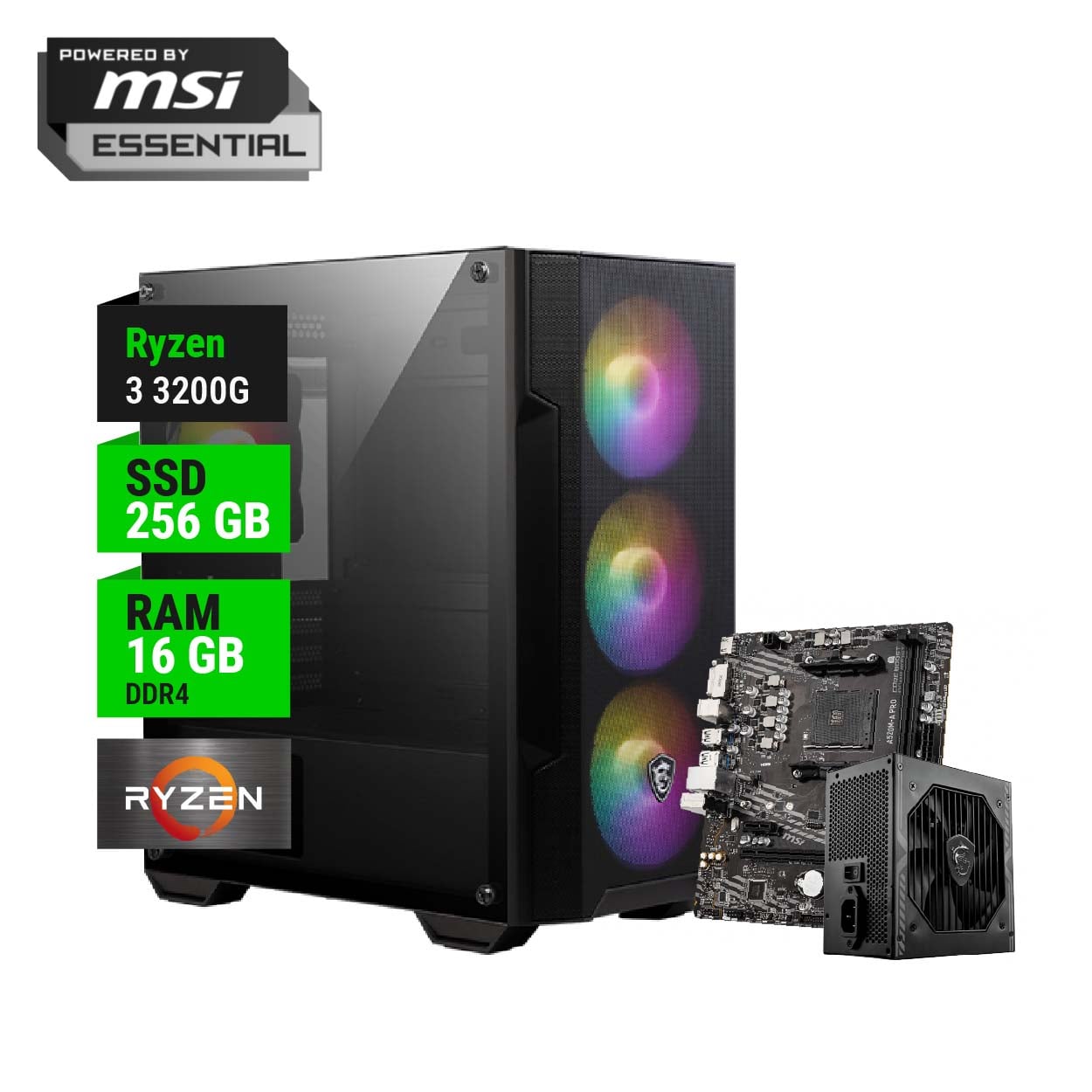 PC GAMER POWERED BY MSI ESSENTIAL AMD RYZEN 3 3200G A520 16GB RAM 256GB NVME 550W BRONZE