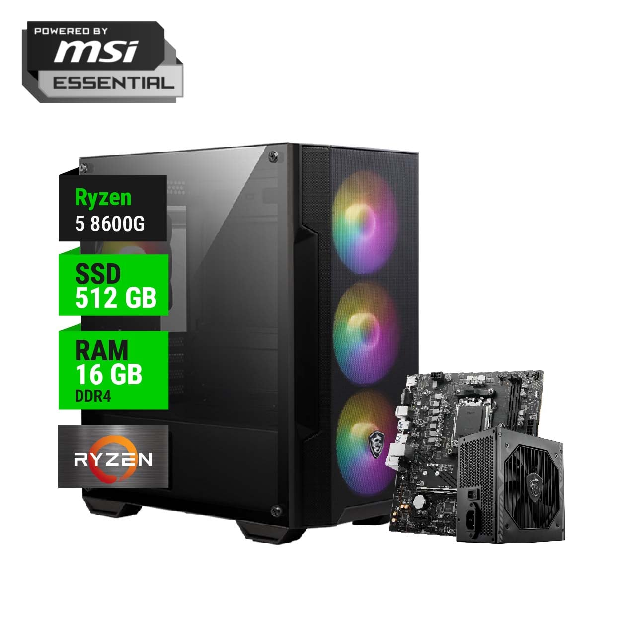 PC GAMER POWERED BY MSI ESSENTIAL AMD RYZEN 5 8600G B650 16GB RAM 512GB NVME 650W BRONZE