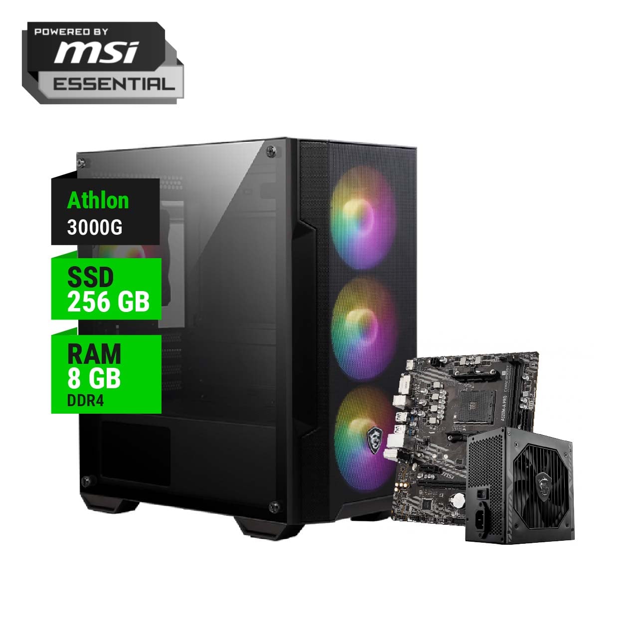PC GAMER POWERED BY MSI ESSENTIAL AMD ATHLON 3000G A520 8GB RAM 256GB NVME 550W BRONZE