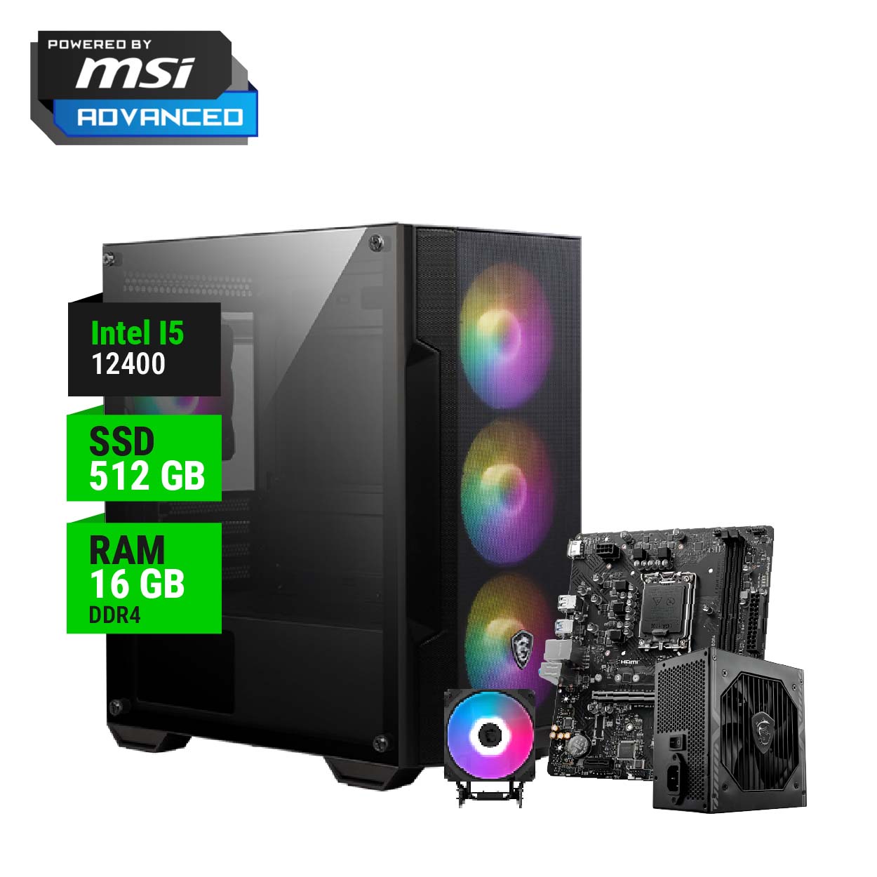 PC GAMER POWERED BY MSI ADVANCED INTEL I5 12400 H610M 16GB RAM 512GB NVME 650W GOLD + CPU COOLER