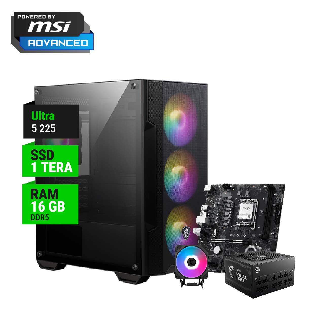 PC GAMER POWERED BY MSI ADVANCED ULTRA 5 225 B860 16GB RAM 1TB NVME 750W GOLD + CPU COOLER WIFI