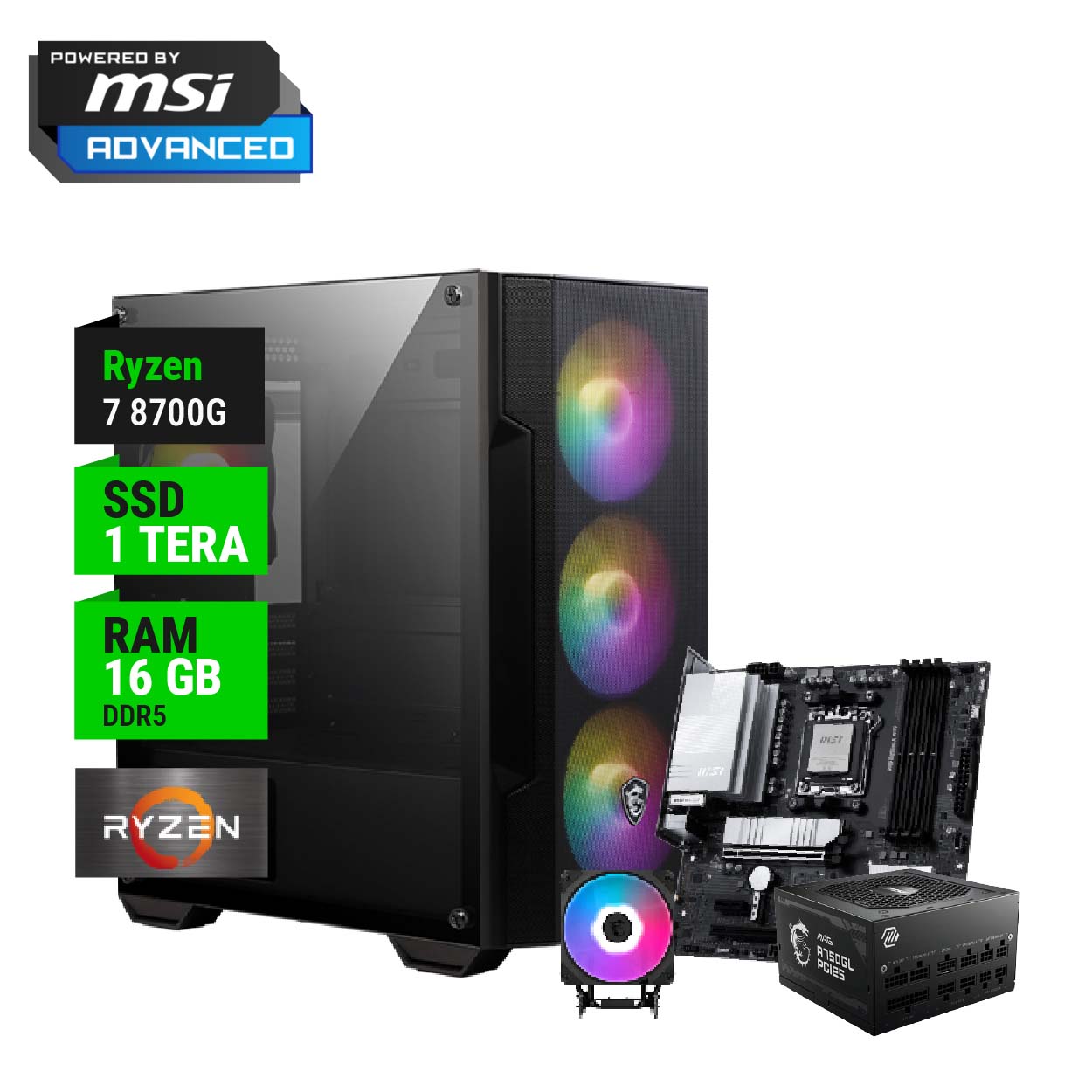 PC GAMER POWERED BY MSI ADVANCED AMD RYZEN 7 8700G B850 16GB RAM 1TB NVME 750W GOLD + CPU COOLER