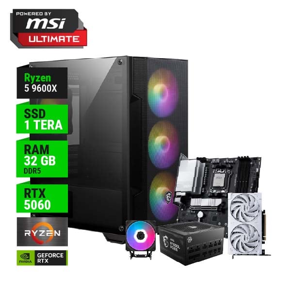 PC POWERED BY MSI ULTIMATE AMD RYZEN 5 9600X B850 32GB RAM 1TB RTX 5060 750W GOLD + CPU COOLER