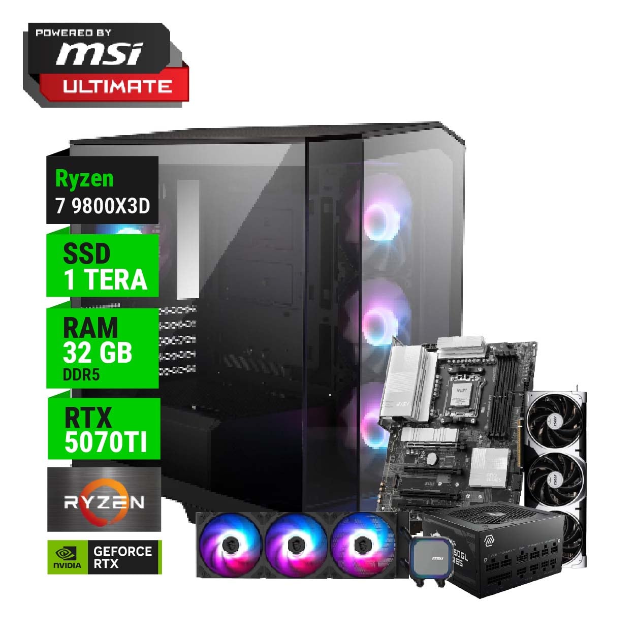 PC POWERED BY MSI ULTIMATE AMD RYZEN 7 9800X3D B850 32GB RAM 1TB RTX 5070TI 850W GOLD + WATER 360
