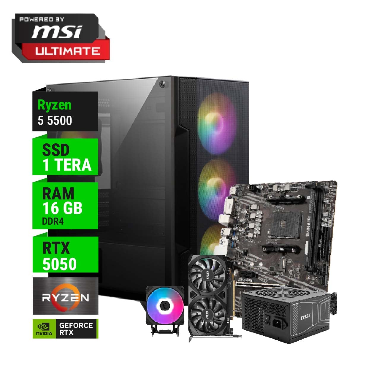 PC POWERED BY MSI ULTIMATE AMD RYZEN 5 5500 B550 16GB RAM 1TB NVME RTX 5050 750W GOLD + CPU COOLER
