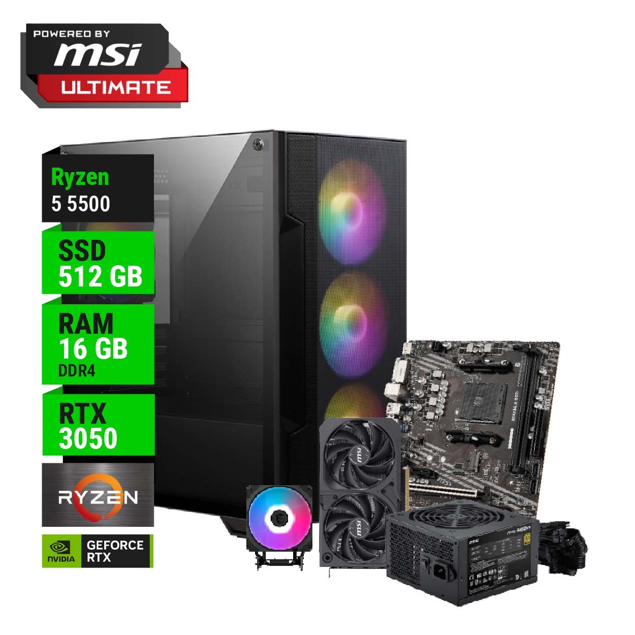 PC POWERED BY MSI ULTIMATE AMD RYZEN 5 5500 A520 16GB RAM 512GB NVME RTX 3050 650W GOLD + CPU COOLER