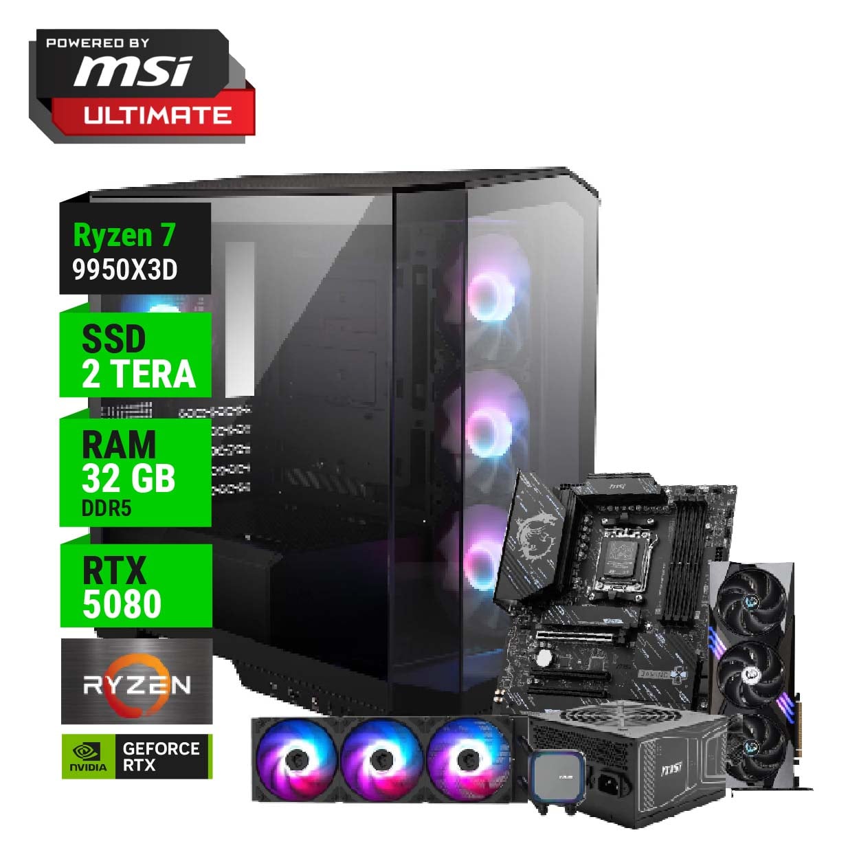 PC POWERED BY MSI ULTIMATE AMD RYZEN 7 9950X3D X870 32GB RAM 2TB RTX 5080 850W GOLD + WATER 360
