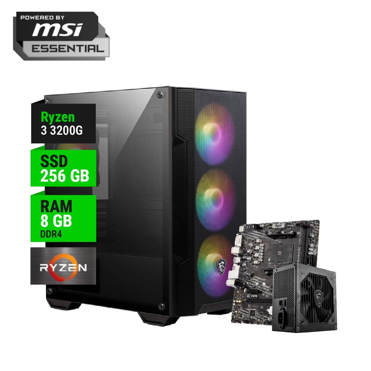PC GAMER POWERED BY MSI ESSENTIAL AMD RYZEN 3 3200G A520 8GB RAM 256GB NVME 550W BRONZE