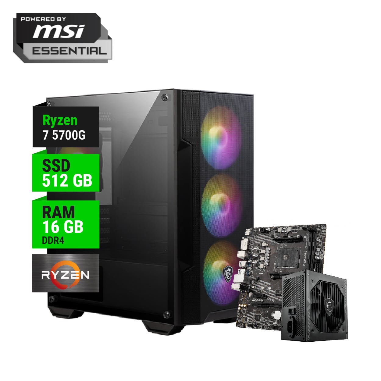 PC GAMER POWERED BY MSI ESSENTIAL AMD RYZEN 7 5700G A520 16GB RAM 512GB NVME 550W BRONZE