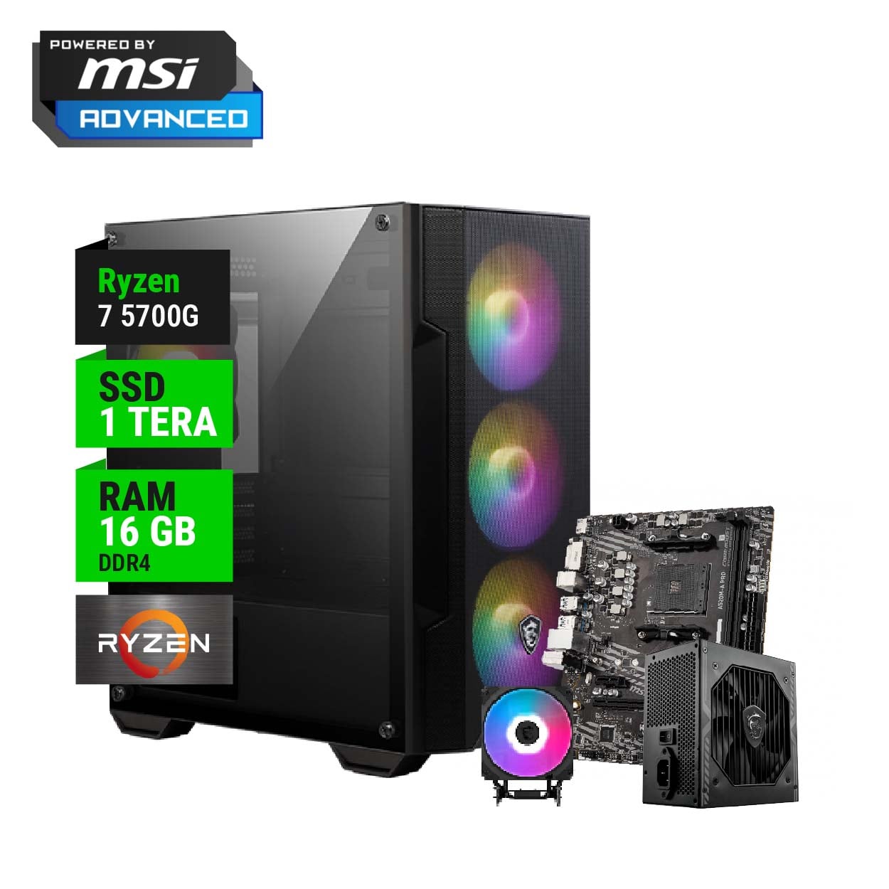 PC GAMER POWERED BY MSI ADVANCED AMD RYZEN 7 5700G A520 16GB RAM 1TB NVME 550W BRONZE + CPU COOLER