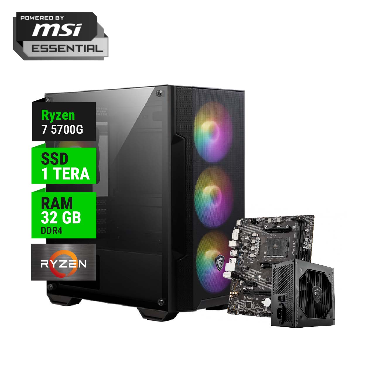 PC GAMER POWERED BY MSI ESSENTIAL AMD RYZEN 7 5700G A520 32GB RAM 1TB NVME 550W BRONZE