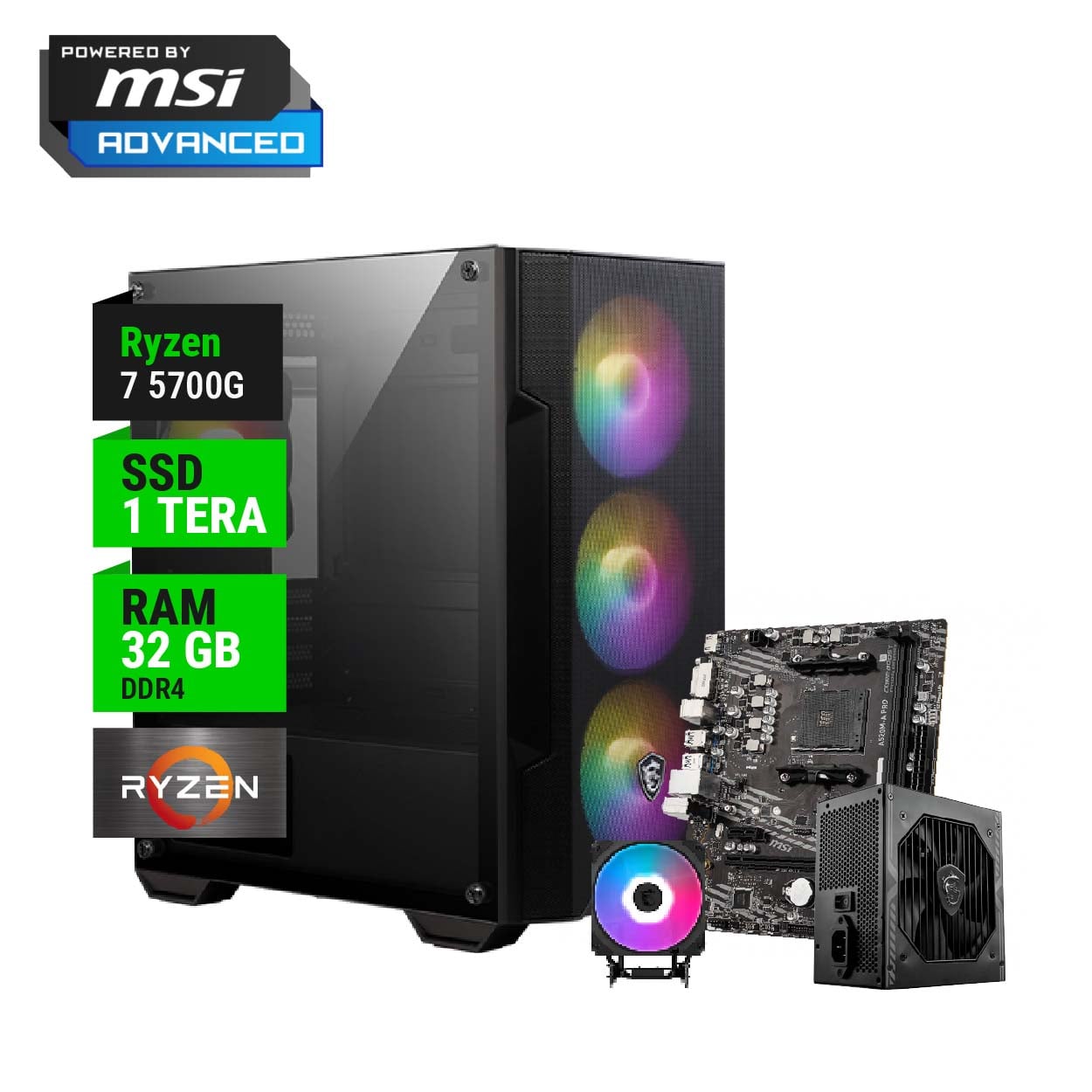 PC GAMER POWERED BY MSI ADVANCED AMD RYZEN 7 5700G B550 32GB RAM 1TB NVME 650W BRONZE + CPU COOLER
