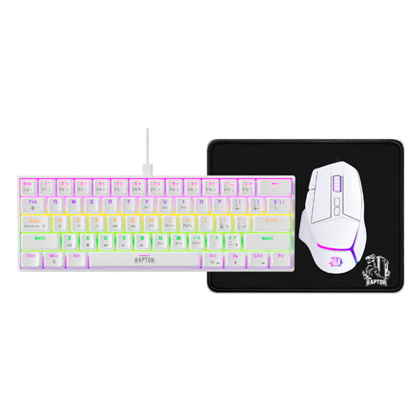 COMBO GAMER RAPTOR TECLADO MECANICO WHITE, MOUSE RGB WHITE Y MOUSE PAD